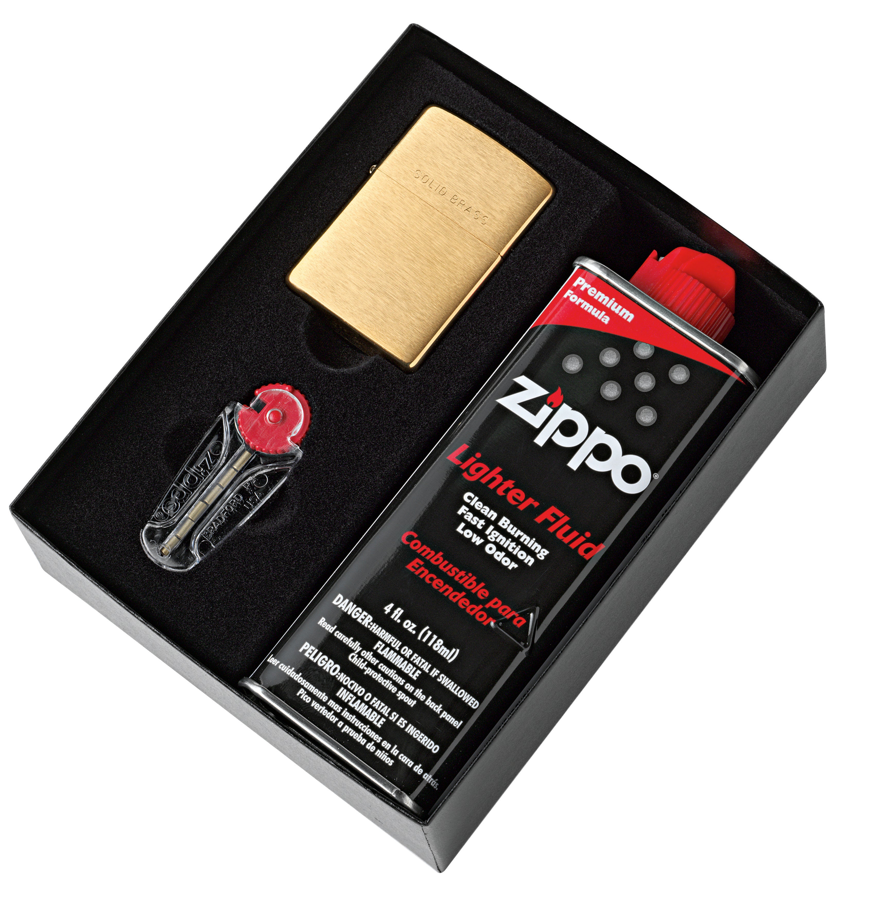 Zippo 204 Brushed Brass Lighter Gold with 118ml Fluids & Flints