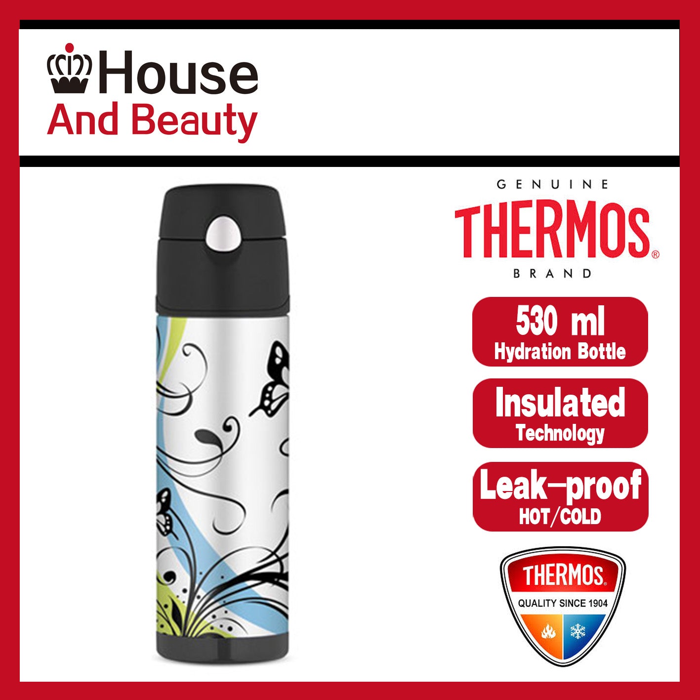 Thermos S/Steel Vacuum Insulated Hydration Drink Bottle 530ml Butterfly